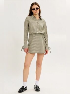 NWT Button Front Stripe Romper with Skirt Overlay - Olive